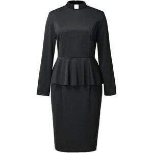 Women's Clergy Dress Polyester Blend Long Sleeve Ruffle Slim Pencil